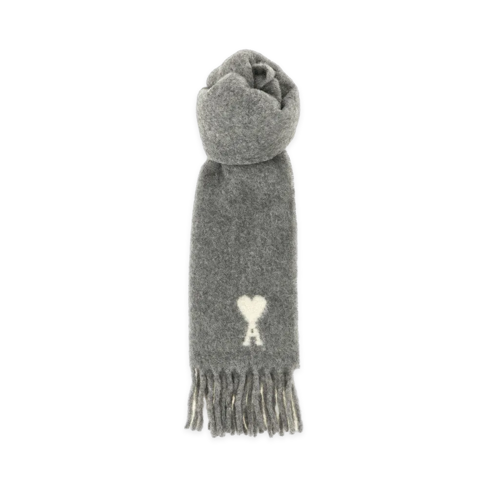 AMI PARIS QuotaAlpaga Wool Scarf With Ami De Coeur Jacquard Scarf "Gray/Off White"