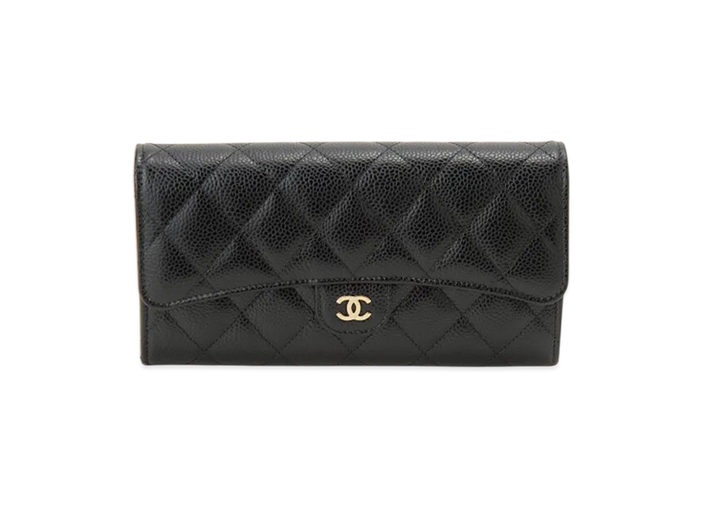 CHANEL Matelasse Classic Long Flap Wallet Caviar Skin "Black/Gold"