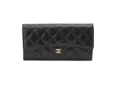 CHANEL Matelasse Classic Long Flap Wallet Caviar Skin "Black/Gold"