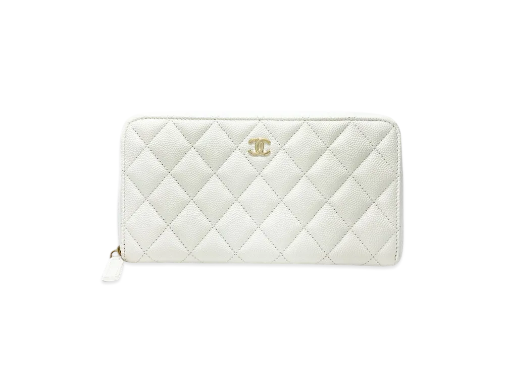 シャネル マトラッセ クラシック ラウンドファスナー ロングウォレット キャビアスキン "ホワイト"