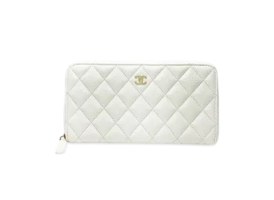 CHANEL Matelasse Classic Round Zipper Long Wallet Caviar Skin "White"