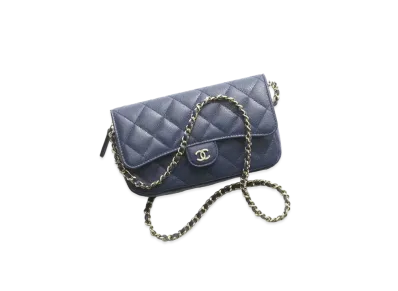 CHANEL Flap Phone Holder with Chain Grained Shiny Calfskin & Gold-Tone Metal "Blue"