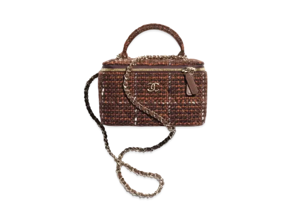 CHANEL Clutch with Chain Wool Tweed & Gold-Tone Metal "Dark Brown/Brown/White"