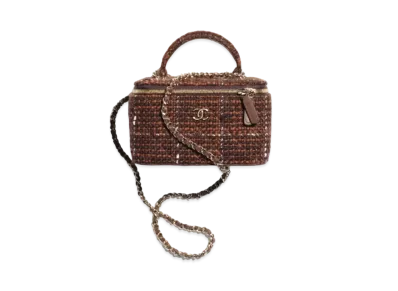 CHANEL Clutch with Chain Wool Tweed & Gold-Tone Metal "Dark Brown/Brown/White"