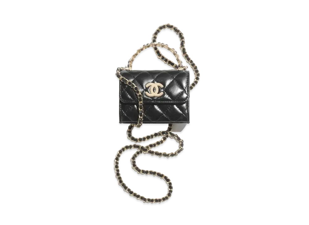 CHANEL Small Clutch with Chain Shiny Crumpled Lambskin Imitation Pearls "Black"
