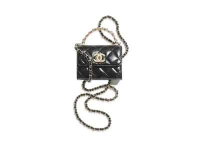 CHANEL Small Clutch with Chain Shiny Crumpled Lambskin Imitation Pearls "Black"
