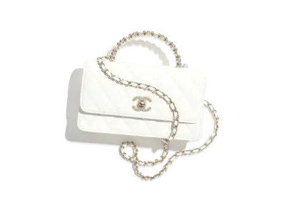 CHANEL Clutch with Chain Shiny Crumpled Lambskin Imitation Pearls "White"