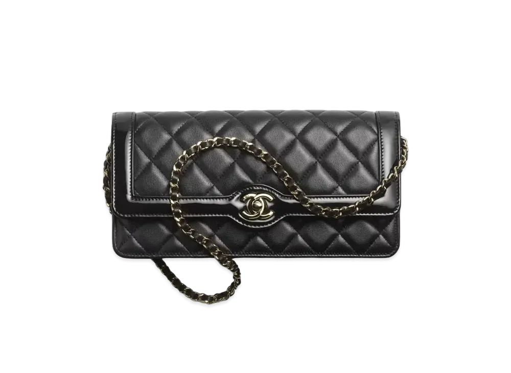CHANEL Cluch with Chain Lambskin, Patent Calfskin & Gold-Tone Metal "Black"