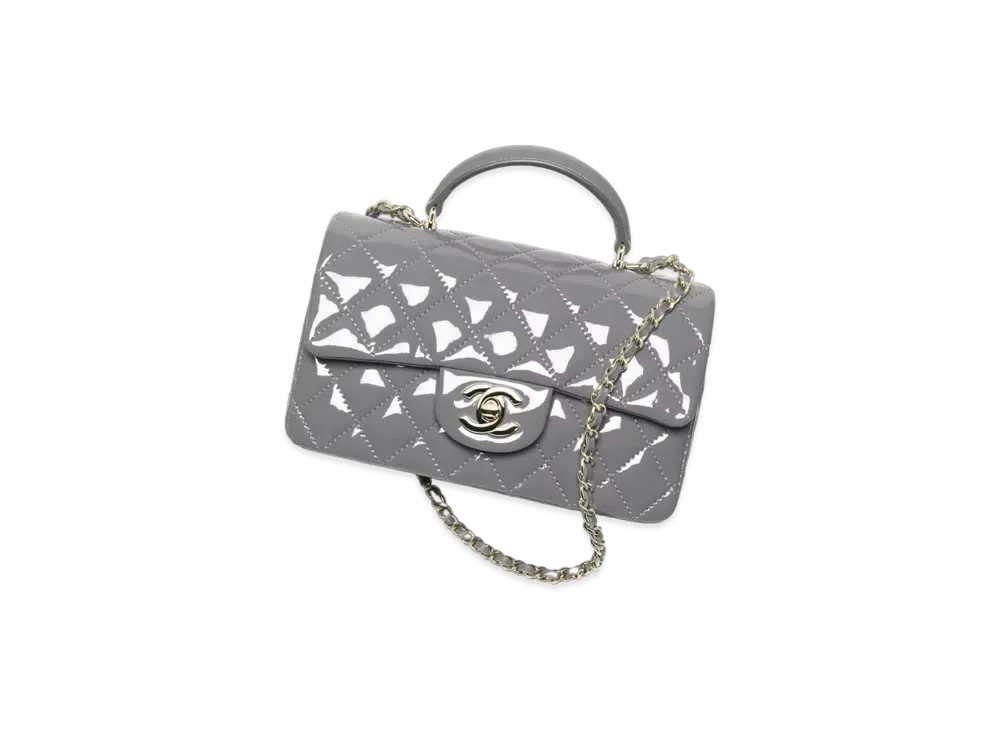 CHANEL Mini Classic Handbag with Top Handle Patent Calfskin & Gold-Tone Metal "Gray"