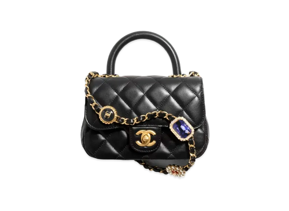 CHANEL Mini Flap Bag with Top Handle Lambskin, Bijoux Chain & Gold-Tone Metal "Black"