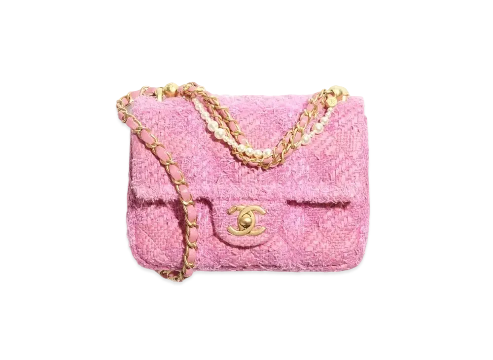 CHANEL Mini Flap Bag Cotton Tweed Imitation Pearls "Pink"