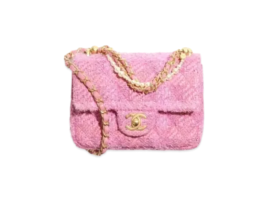 CHANEL Mini Flap Bag Cotton Tweed Imitation Pearls "Pink"