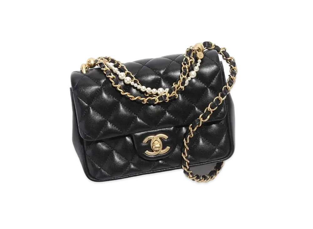 CHANEL Mini Flap Bag Shiny Lambskin Imitation Pearls "Black"