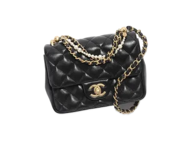 CHANEL Mini Flap Bag Shiny Lambskin Imitation Pearls "Black"