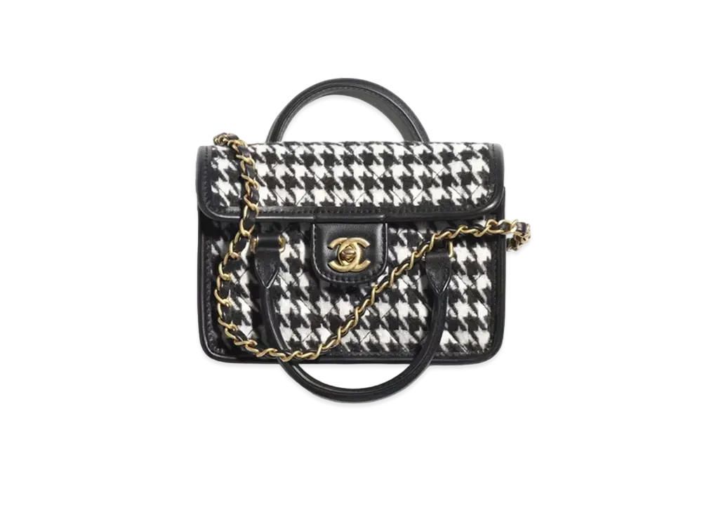 CHANEL Mini Flap Bag With Top Handle Wool Tweed & Gold-Tone Metal "White/Black"