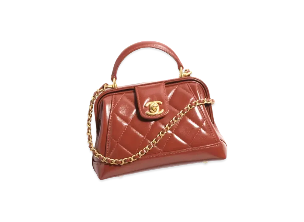 CHANEL Mini Bag with Top Handle Shiny Lambskin & Gold-Tone Metal "Brown"