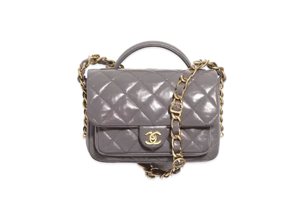 CHANEL Mini Flap Bag with Top Handle Shiny Lambskin & Gold-Tone Metal "Gray"