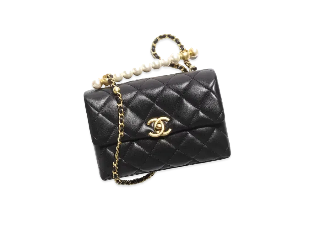 CHANEL Mini Flap Bag with Top Handle Shiny Lambskin Imitation Pearls "Black"