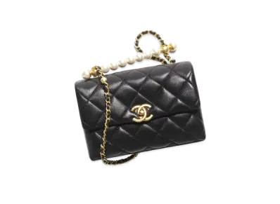 CHANEL Mini Flap Bag with Top Handle Shiny Lambskin Imitation Pearls "Black"