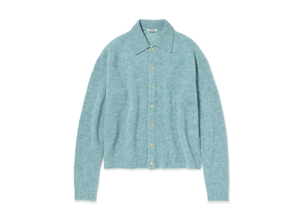 AURALEE SHETLAND WOOL CASHMERE KNIT CARDIGAN "Blue Green"