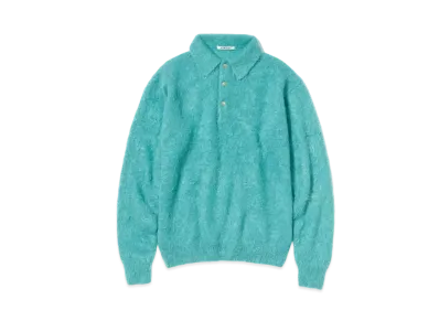 AURALEE BRUSHED SUPER KID MOHAIR KNIT POLO "Blue"