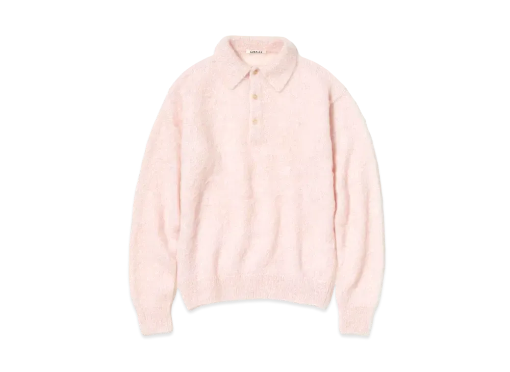 AURALEE BRUSHED SUPER KID MOHAIR KNIT POLO "Light Pink"