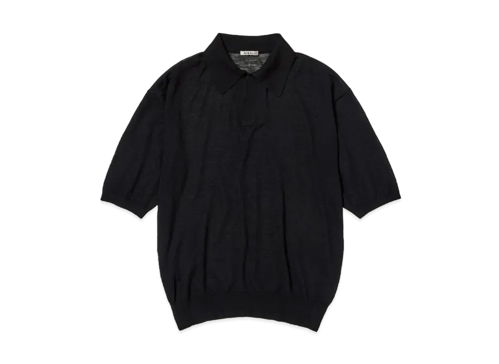 AURALEE Hard Twist High Gauge Wool Silk Knit Skipper Polo "Black"