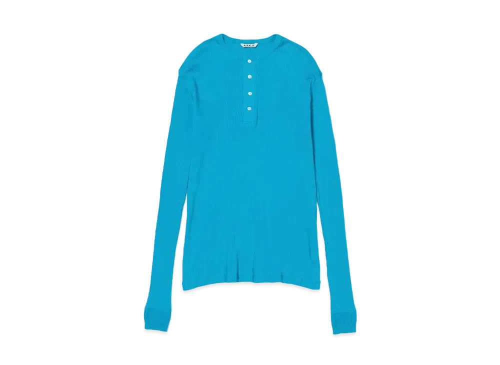 AURALEE Organic Soft Rib Henley Neck L/S Tee "Turquoise Blue"