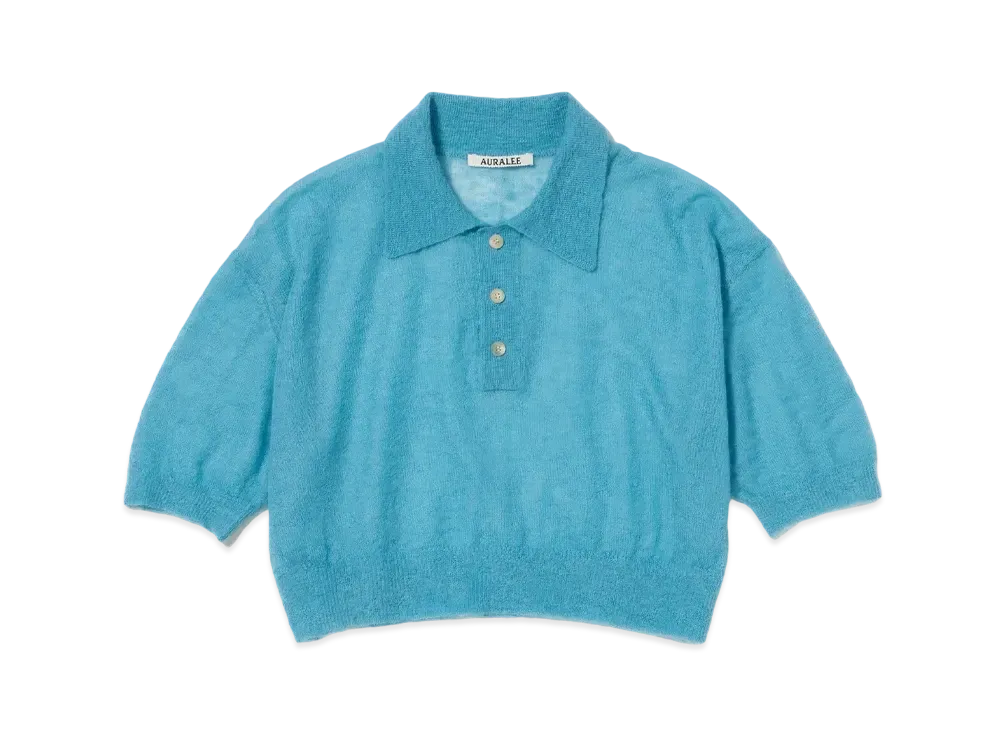 AURALEE Kid Mohair Sheer Knit Short Polo "Turquoise Blue"