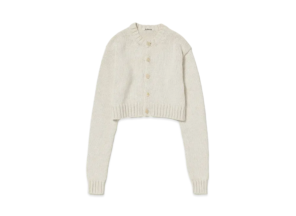 AURALEE Cotton Lily-Yarn Knit Crew Neck Short Cardigan "Ivory"