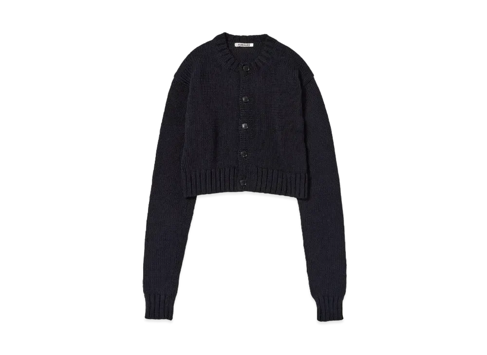 AURALEE Cotton Lily-Yarn Knit Crew Neck Short Cardigan "Dark Navy"