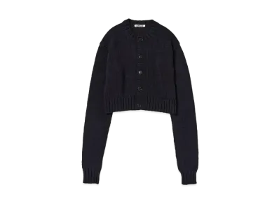 AURALEE Cotton Lily-Yarn Knit Crew Neck Short Cardigan "Dark Navy"