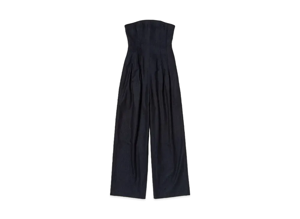 AURALEE Wool Fulling Flannel Stripe Jumpsuit "Top Dark Navy"