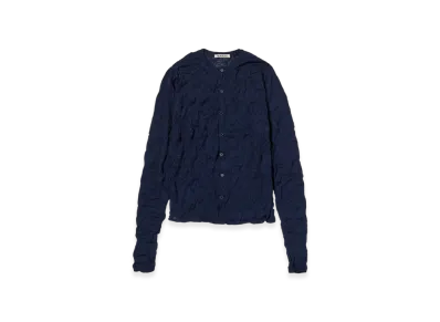 AURALEE Wrinkled Wool Polyester High Gauge Knit Crew Neck Cardigan "Navy"