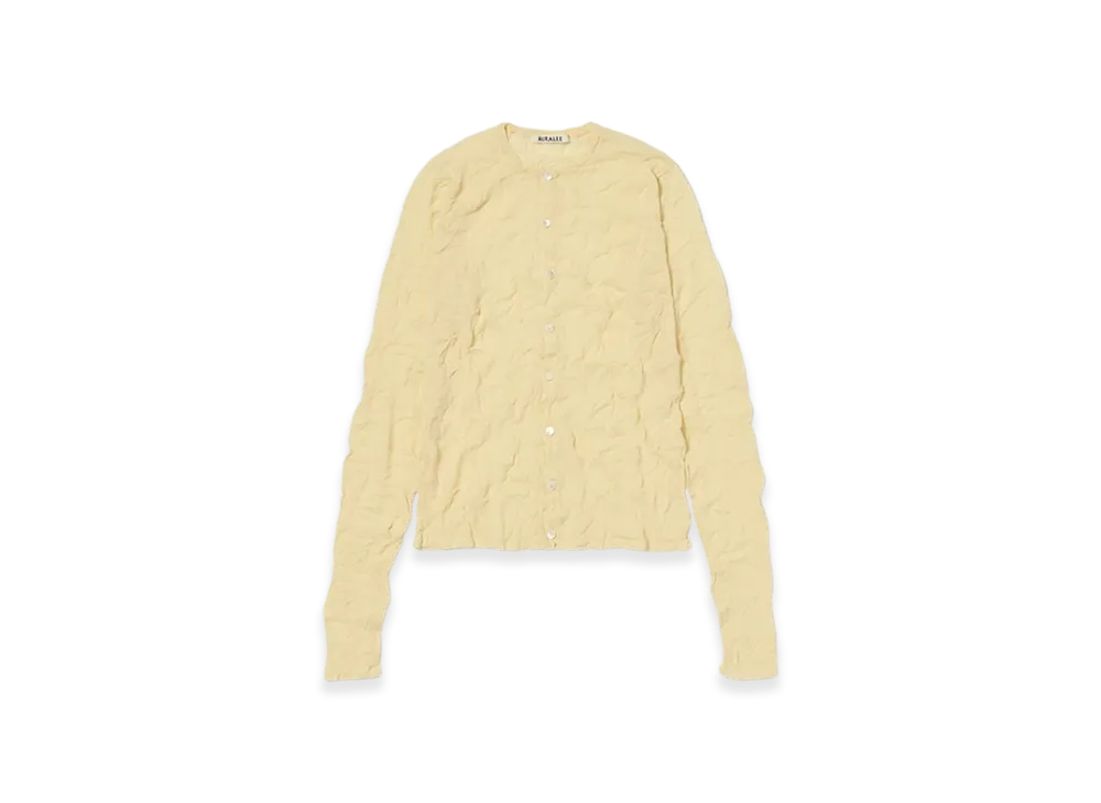AURALEE Wrinkled Wool Polyester High Gauge Knit Crew Neck Cardigan "Yellow"