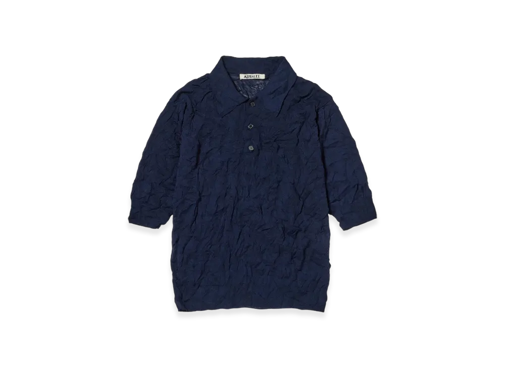 AURALEE Wrinkled Wool Polyester High Gauge Knit Polo "Navy"
