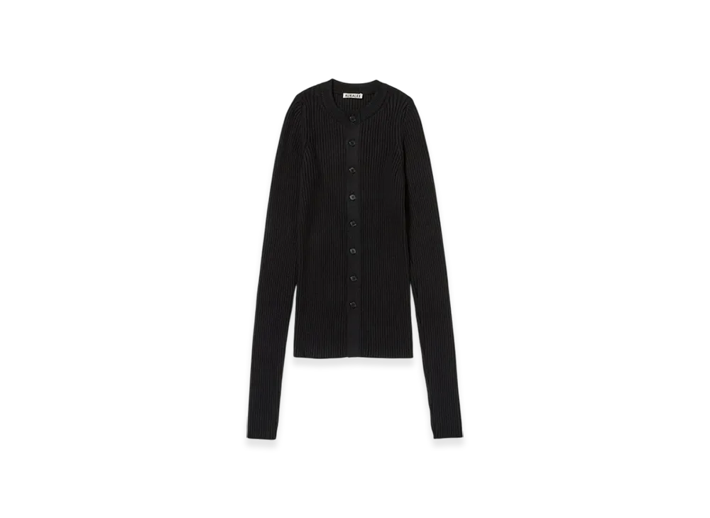 AURALEE Cotton Silk Rib Knit Crew Neck Cardigan "Black"