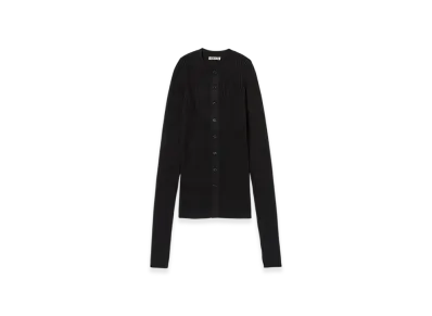 AURALEE Cotton Silk Rib Knit Crew Neck Cardigan "Black"