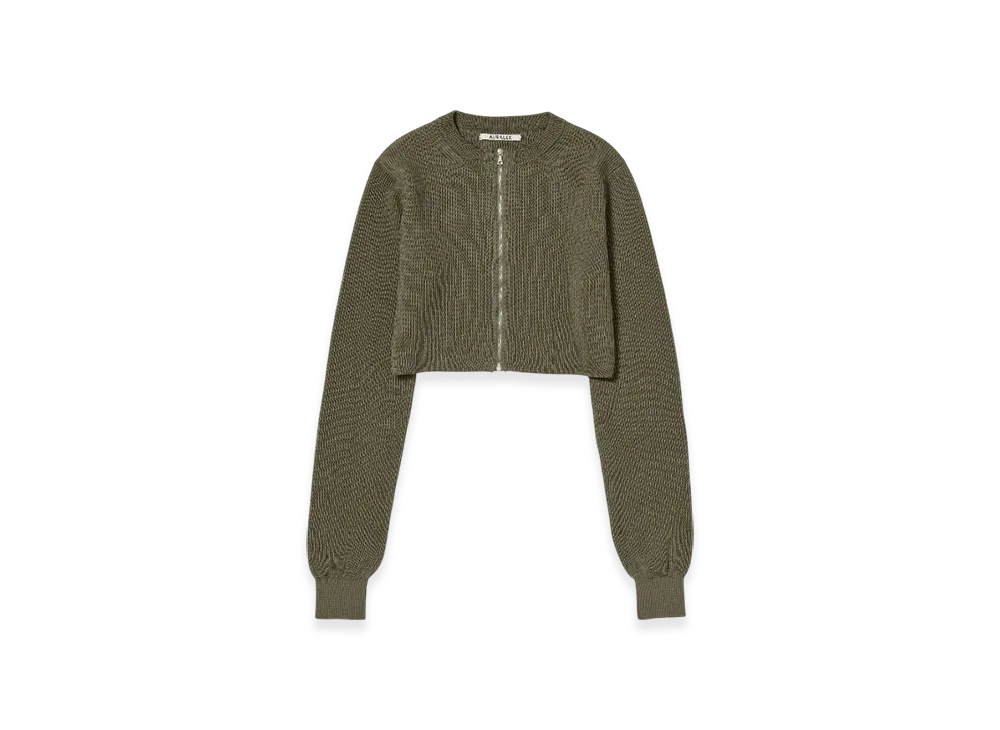 AURALEE Flat Yarn Rib Knit Crew Neck Zip Cardigan "Khaki"