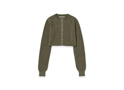 AURALEE Flat Yarn Rib Knit Crew Neck Zip Cardigan "Khaki"