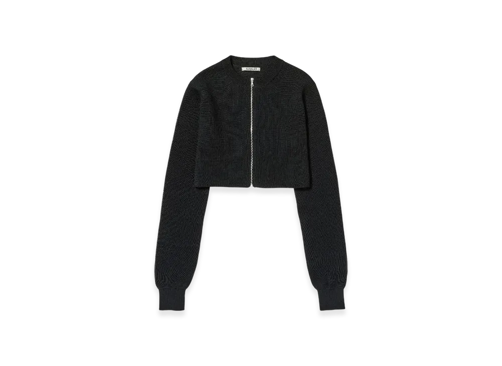 AURALEE Flat Yarn Rib Knit Crew Neck Zip Cardigan "Black"