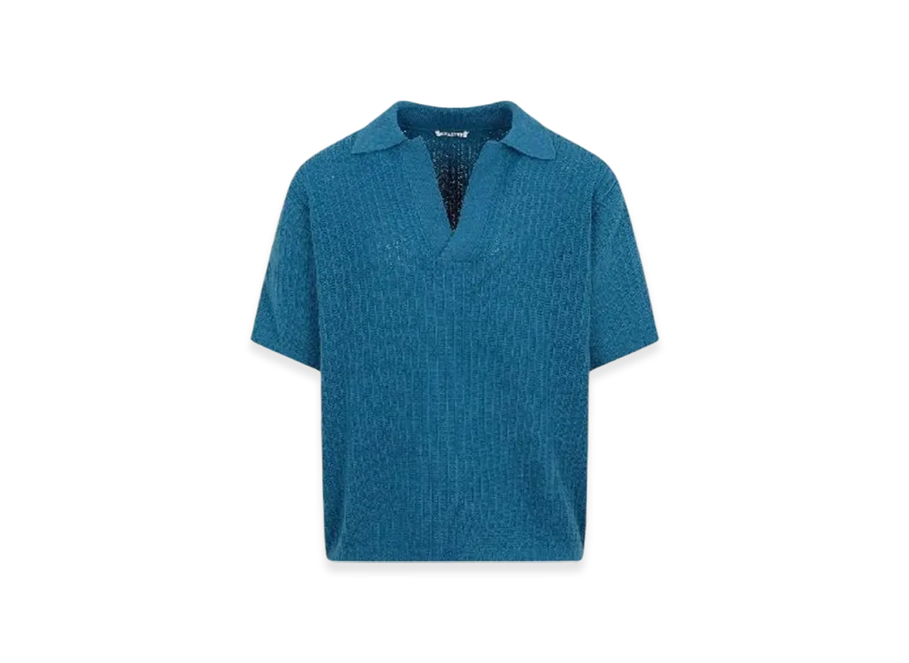 AURALEE Brushed Cotton Wool Rib Knit Skipper Polo "Blue"