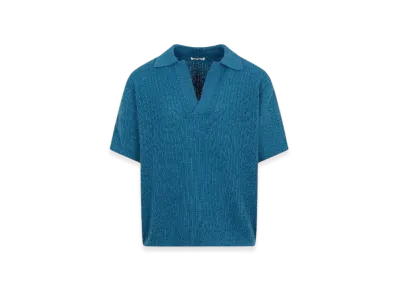 AURALEE Brushed Cotton Wool Rib Knit Skipper Polo "Blue"