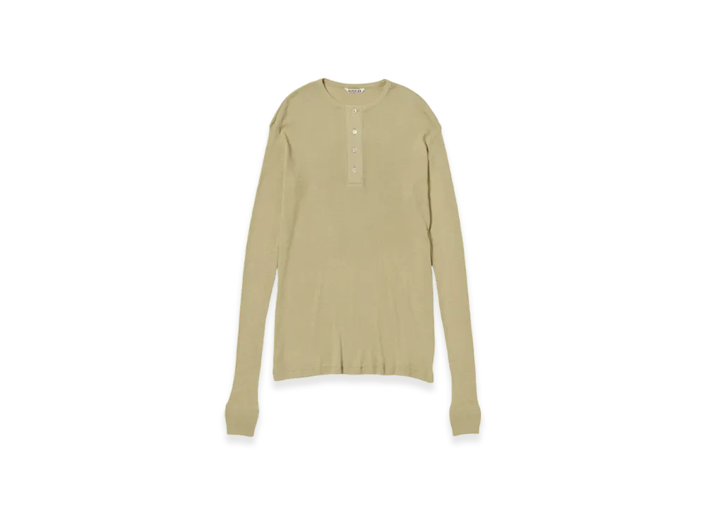 AURALEE Organic Soft Rib Henley Neck L/S T-Shirt "Khaki Beige"