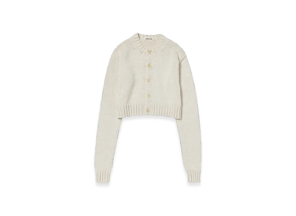 AURALEE Cotton LilyYarn Knit Crewneck Short Cardigan "Ivory"
