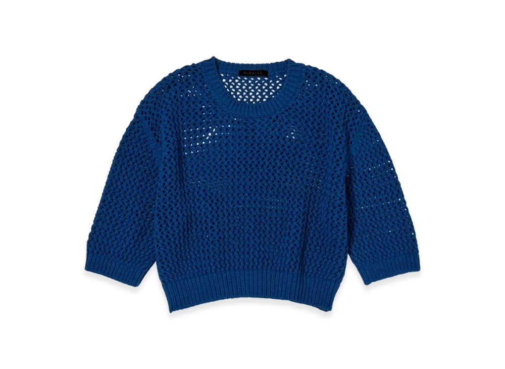 AURALEE Cotton LilyYarn Mesh Knit T-Shirt "Blue"