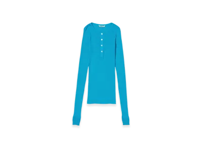 AURALEE Organic Soft Rib Henley Neck L/S T-Shirt "Turquoise Blue"