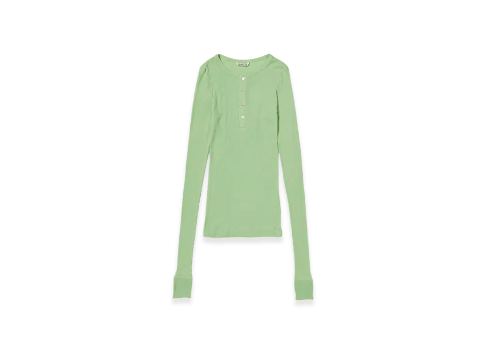AURALEE Organic Soft Rib Henley Neck L/S T-Shirt "Light Green"