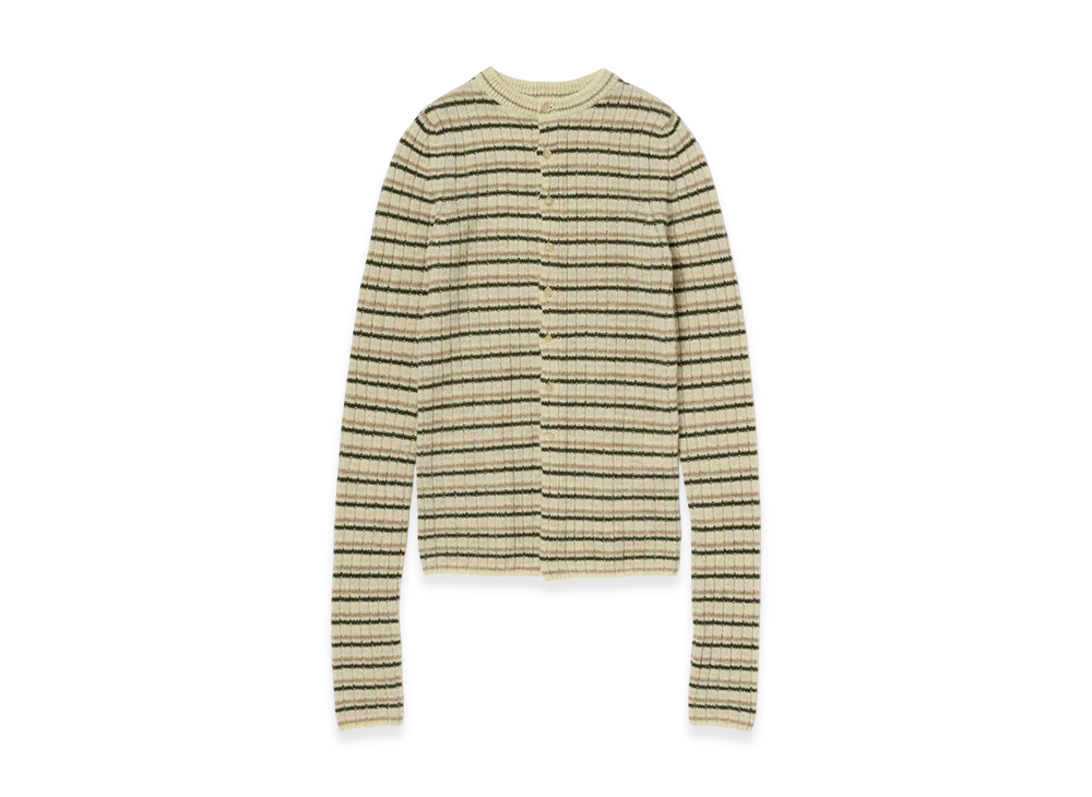 AURALEE Shetland Wool Cashmere Rib Knit Crew-Neck Cardigan "Beige Stripe"