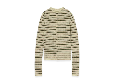 AURALEE Shetland Wool Cashmere Rib Knit Crew-Neck Cardigan "Beige Stripe"